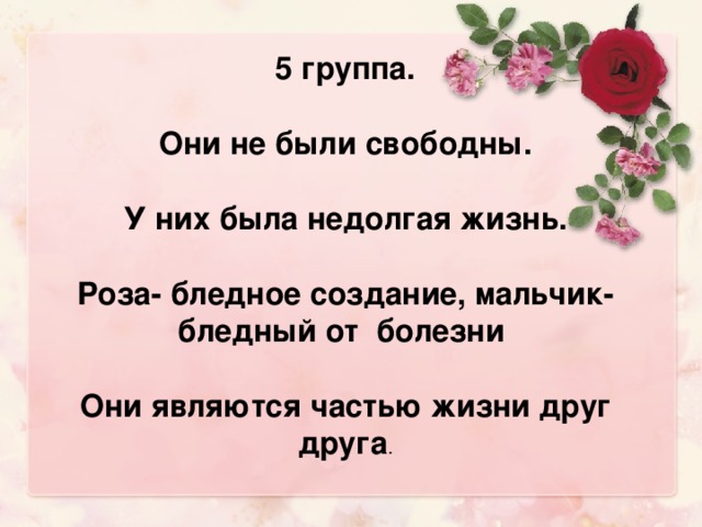 5 группа .  Они не были свободны.  У них была недолгая жизнь.  Роза-  бледное создание, мальчик - бледный от  болезни  Они являются частью жизни друг друга .
