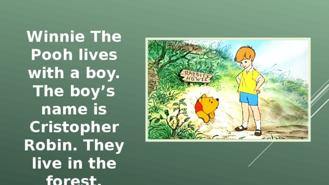 Winnie The Pooh lives with a boy. The boy’s name is Cristopher Robin. They live in the forest.  
