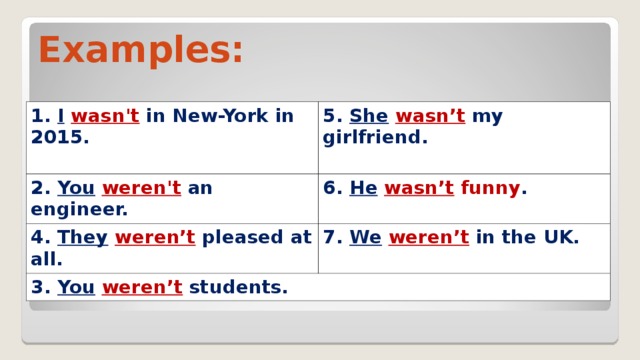 Examples: 1. I  wasn't in New-York in 201 5 . 5. She  wasn’t my girlfriend.  2. You  weren't  an engineer. 6. He  wasn’t funny .  4. They  weren’t pleased  at all. 7. We  weren’t in the UK.  3. You  weren’t students. 