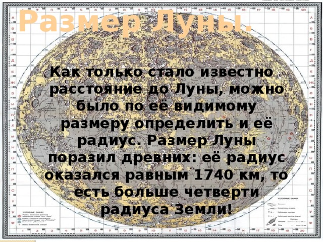Размер Луны. Как только стало известно расстояние до Луны, можно было по её видимому размеру определить и её радиус. Размер Луны поразил древних: её радиус оказался равным 1740 км, то есть больше четверти радиуса Земли! 