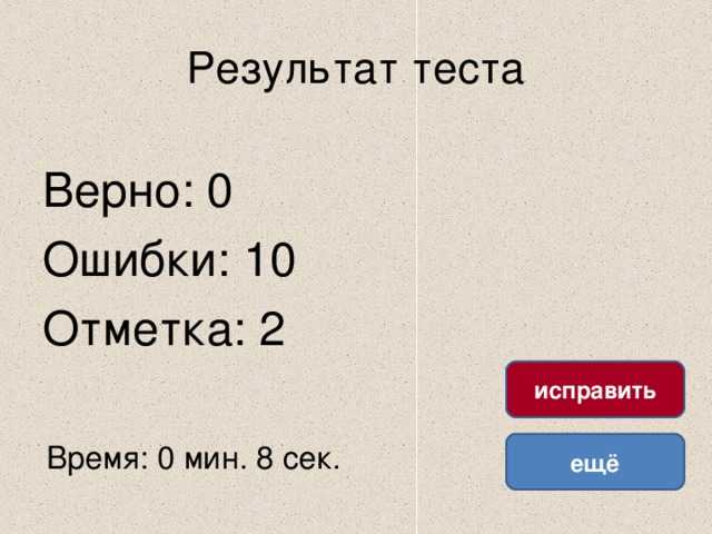 Результат теста Верно: 0 Ошибки: 10 Отметка: 2 исправить Время: 0 мин. 8 сек. ещё 