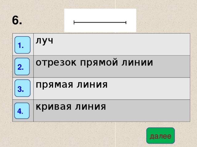 6. луч отрезок прямой линии прямая линия кривая линия 1. 2. 3 . 4 . далее 