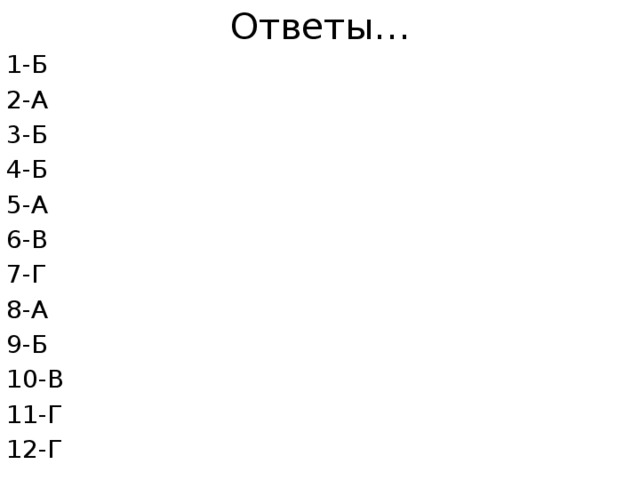 Ответы… 1-Б 2-А 3-Б 4-Б 5-А 6-В 7-Г 8-А 9-Б 10-В 11-Г 12-Г 