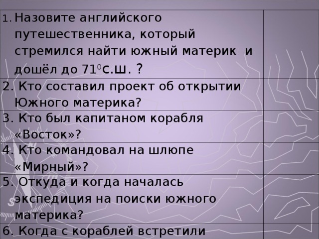 Назовите английского путешественника, который стремился найти южный материк и дошёл до 71 0 с.ш. ? 2. Кто составил проект об открытии Южного материка? 3. Кто был капитаном корабля «Восток»? 4. Кто командовал на шлюпе «Мирный»? 5. Откуда и когда началась экспедиция на поиски южного материка? 6. Когда с кораблей встретили материковый лёд и этот день стал считаться датой открытия Антарктиды? 
