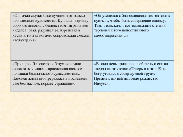 «Он начал скупать все лучшее, что только производило художество. Купивши картину дорогою ценою…с бешенством тигра на нее кидался, рвал, разрывал ее, изрезывал в куски и топтал ногами, сопровождая смехом наслажденья». «Он удалился с благословенья настоятеля в пустынь, чтобы быть совершенно одному. Там… изыскал… все возможные степени терпенья и того непостижимого самоотверженья…» «Припадки бешенства и безумия начали оказываться чаще… присоединились все признаки безнадежного сумасшествия…Наконец жизнь его прервалась в последнем, уже безгласном, порыве страдания». «В один день пришел он в обитель и сказал твердо настоятелю: «Теперь я готов. Если богу угодно, я совершу свой труд». Предмет, взятый им, было рождество Иисуса». 