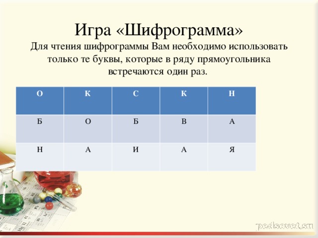 Игра «Шифрограмма»  Для чтения шифрограммы Вам необходимо использовать только те буквы, которые в ряду прямоугольника встречаются один раз. О К Б С О Н К А Б Н В И А А Я