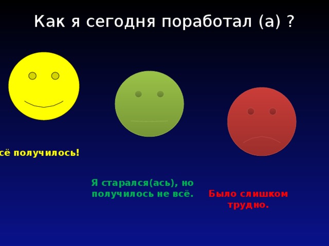 Как я сегодня поработал (а) ?   Всё получилось!  Я старался(ась), но получилось не всё. Было слишком трудно. 