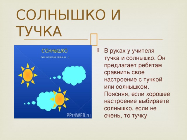 СОЛНЫШКО И ТУЧКА В руках у учителя тучка и солнышко. Он предлагает ребятам сравнить свое настроение с тучкой или солнышком. Поясняя, если хорошее настроение выбираете солнышко, если не очень, то тучку 