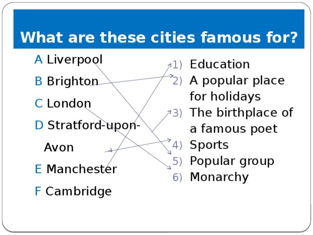 What are these cities famous for? A Liverpool Education A popular place for holidays The birthplace of a famous poet Sports Popular group Monarchy B Brighton C London D Stratford-upon-Avon E Manchester F Cambridge 