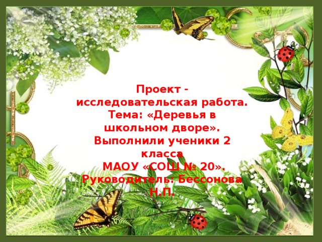 Проект - исследовательская работа. Тема: «Деревья в школьном дворе». Выполнили ученики 2 класса  МАОУ «СОШ № 20». Руководитель: Бессонова Н.П.