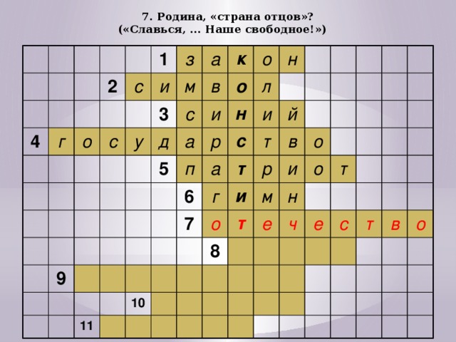 7. Родина, «страна отцов»?  («Славься, ... Наше свободное!») 4 2 г о с 1 з с и 3 а у м д в с к и а 9 о о 5 р п н л н и с 6 а 7 г т 11 т й о 10 р и в м 8 т и о е н о ч т е с т в о 