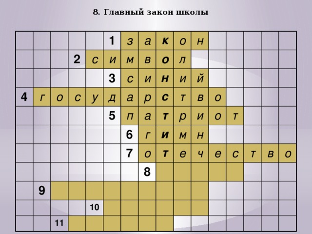 8. Главный закон школы 4 2 г о с 1 з с и 3 а у м д в с к и а 9 о о 5 р п н л н и с 6 а 7 г т 11 т й о 10 р и в м 8 т и о е н о ч т е с т в о 