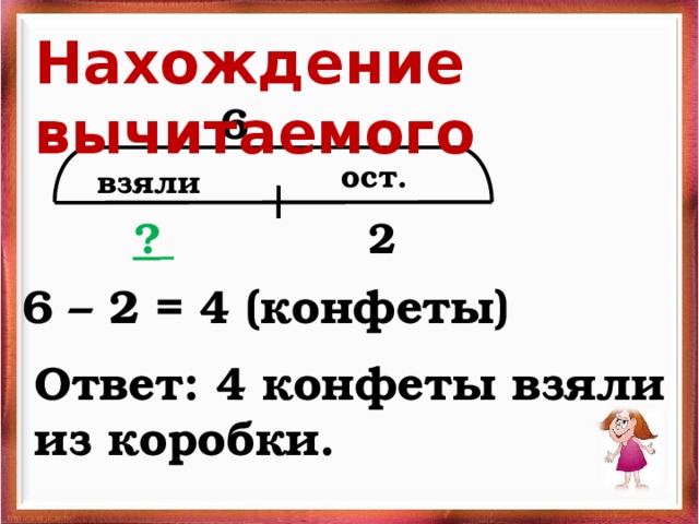 Нахождение вычитаемого  6 ост. взяли ?  2   6 – 2 = 4 (конфеты) Ответ: 4 конфеты взяли из коробки. 