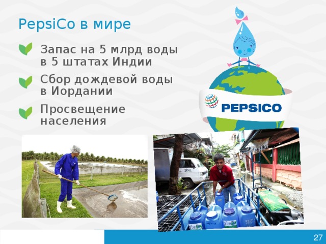 PepsiCo в мире Запас на 5 млрд воды  в 5 штатах Индии Сбор дождевой воды  в Иордании Проcвещение населения   