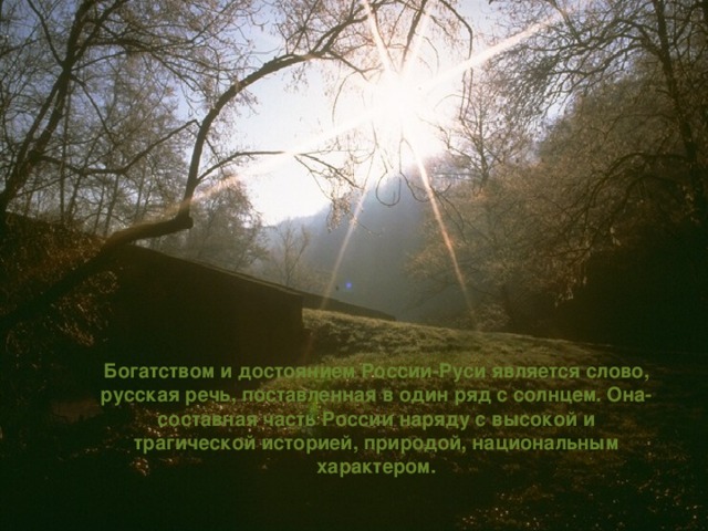 Богатством и достоянием России-Руси является слово, русская речь, поставленная в один ряд с солнцем. Она- составная часть России наряду с высокой и трагической историей, природой, национальным характером. 