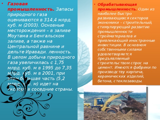 Газовая промышленность. Запасы природного газа оцениваются в 314,4 млрд. куб. м (2003). Основные месторождения – в заливе Моутама и Бенгальском заливе, а также на Центральной равнине и дельте Иравади. ленность. В целом добыча природного газа увеличилась с 1,75 млрд. куб. м в 1995 до 7,35 млрд. куб. м в 2001, при этом большая часть (5,2 млрд. куб. м) идет на экспорт в соседние страны. Обрабатывающая промышленность. Один из наиболее быстро развивающихся секторов экономики – строительный, стимулирующий развитие промышленности стройматериалов и привлекающий иностранные инвестиции. В основном собственными силами удовлетворяется предъявляемый строительством спрос на цемент. Имеются фабрики по производству кирпича, керамических изделий, бетона, стеклозаводы.  