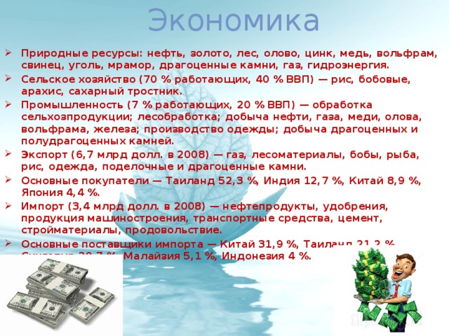  Экономика Природные ресурсы: нефть, золото, лес, олово, цинк, медь, вольфрам, свинец, уголь, мрамор, драгоценные камни, газ, гидроэнергия. Сельское хозяйство (70 % работающих, 40 % ВВП) — рис, бобовые, арахис, сахарный тростник. Промышленность (7 % работающих, 20 % ВВП) — обработка сельхозпродукции; лесобработка; добыча нефти, газа, меди, олова, вольфрама, железа; производство одежды; добыча драгоценных и полудрагоценных камней. Экспорт (6,7 млрд долл. в 2008) — газ, лесоматериалы, бобы, рыба, рис, одежда, поделочные и драгоценные камни. Основные покупатели — Таиланд 52,3 %, Индия 12,7 %, Китай 8,9 %, Япония 4,4 %. Импорт (3,4 млрд долл. в 2008) — нефтепродукты, удобрения, продукция машиностроения, транспортные средства, цемент, стройматериалы, продовольствие. Основные поставщики импорта — Китай 31,9 %, Таиланд 21,2 %, Сингапур 20,7 %, Малайзия 5,1 %, Индонезия 4 %.  