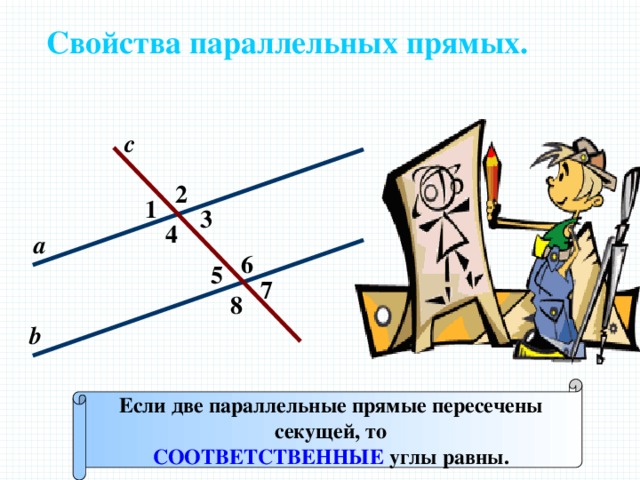 Свойства параллельных прямых. с 2 1 3 4 а 6 5 7 Р 8 b Если две параллельные прямые пересечены секущей, то СООТВЕТСТВЕННЫЕ углы равны. 
