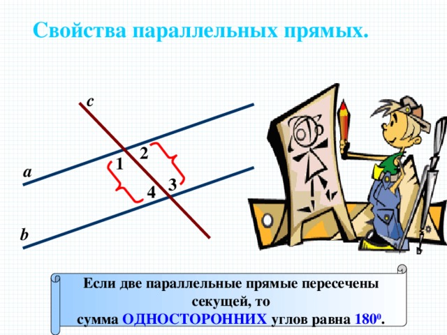 Свойства параллельных прямых. с 2 1 а 3 4 Р b Если две параллельные прямые пересечены секущей, то сумма ОДНОСТОРОННИХ углов равна 180 0 . 