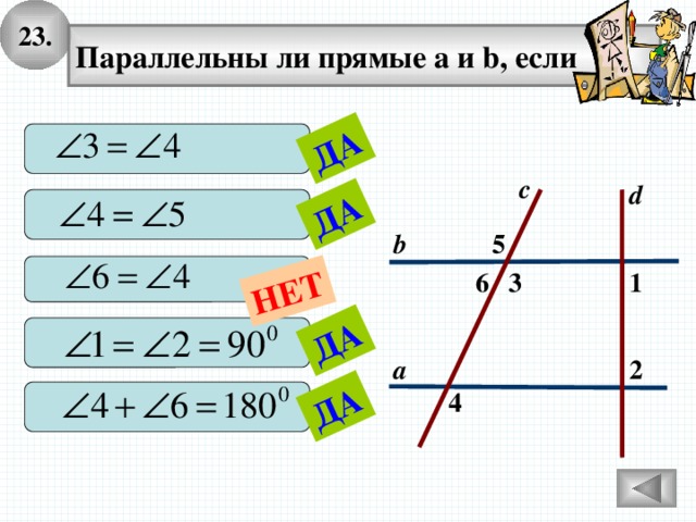 23. ДА ДА ДА ДА НЕТ Параллельны ли прямые а и b, если  с d  5 b  6 3 1  2 а 4  