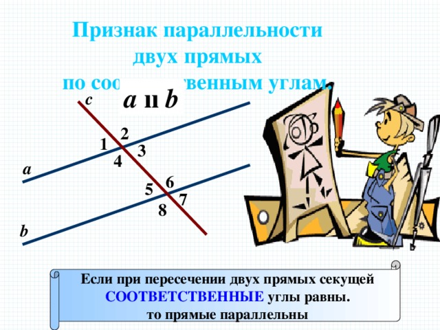 Признак параллельности двух прямых по соответственным углам. a ıı b с 2 1 3 4 а 6 5 7 Р 8 b Если при пересечении двух прямых секущей СООТВЕТСТВЕННЫЕ углы равны. то прямые параллельны 