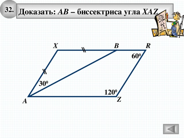 32. Доказать: АВ – биссектриса угла XAZ  В R X 60 0 30 0 120 0 Z А 