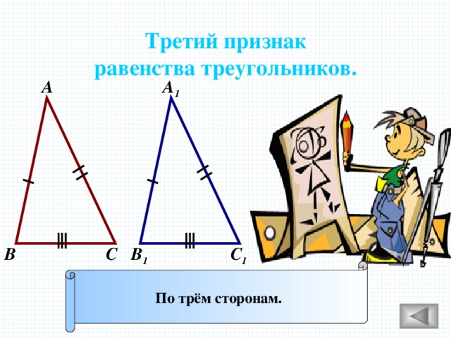 Третий признак равенства треугольников. А А 1 С 1 С В 1 В По трём сторонам. 