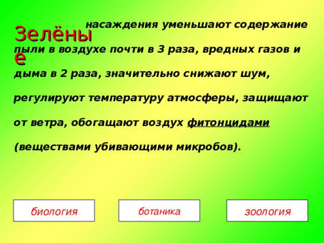 насаждения уменьшают содержание пыли в воздухе почти в 3 раза, вредных газов и дыма в 2 раза, значительно снижают шум, регулируют температуру атмосферы, защищают от ветра, обогащают воздух фитонцидами (веществами убивающими микробов). Зелёные биология ботаника зоология