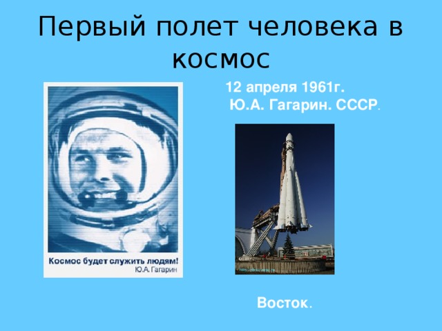 Первый полет человека в космос 12 апреля 1961г.  Ю.А. Гагарин. СССР . Восток . 