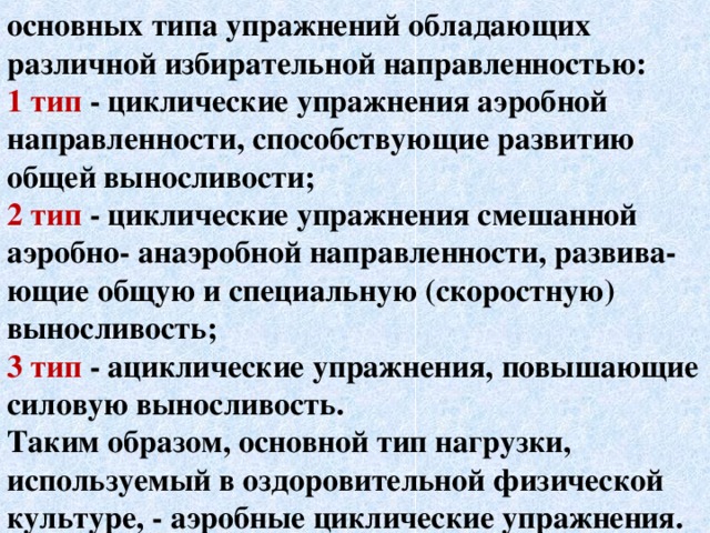 основных типа упражнений обладающих различной избирательной направленностью:  1 тип - циклические упражнения аэробной направленности, способствующие развитию общей выносливости; 2 тип - циклические упражнения смешанной аэробно- анаэробной направленности, развива- ющие общую и специальную (скоростную) выносливость; 3 тип - ациклические упражнения, повышающие силовую выносливость.  Таким образом, основной тип нагрузки, используемый в оздоровительной физической культуре, - аэробные циклические упражнения.  