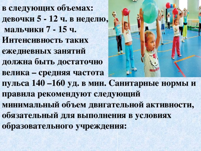 в следующих объемах: девочки 5 - 12 ч. в неделю,  мальчики 7 - 15 ч. Интенсивность таких ежедневных занятий должна быть достаточно велика – средняя частота пульса 140 –160 уд. в мин. Санитарные нормы и правила рекомендуют следующий минимальный объем двигательной активности, обязательный для выполнения в условиях образовательного учреждения:  