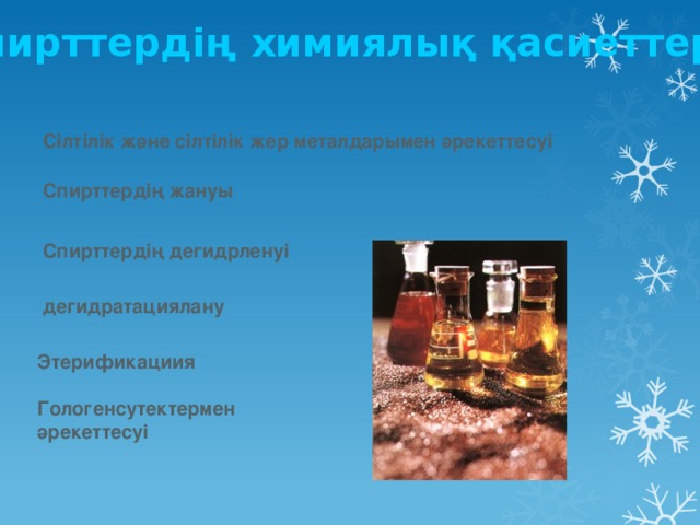 Спирттердің химиялық қасиеттері Сілтілік және сілтілік жер металдарымен әрекеттесуі Спирттердің жануы Спирттердің дегидрленуі дегидратациялану Этерификациия Гологенсутектермен әрекеттесуі 