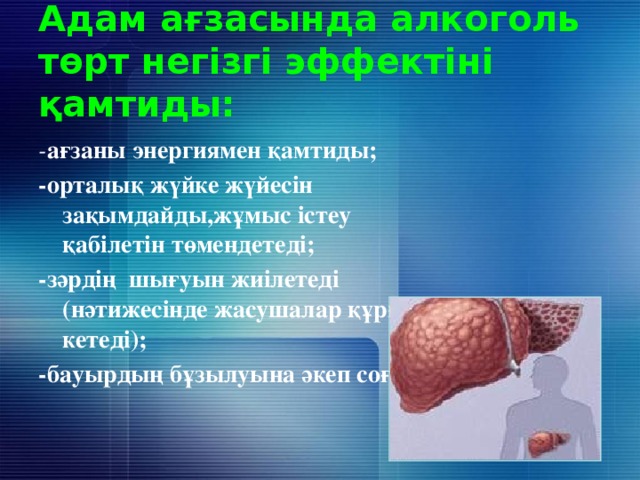 Адам ағзасында алкоголь төрт негізгі эффектіні қамтиды: - ағзаны энергиямен қамтиды; -орталық жүйке жүйесін зақымдайды,жұмыс істеу қабілетін төмендетеді; -зәрдің шығуын жиілетеді (нәтижесінде жасушалар құрғап кетеді); -бауырдың бұзылуына әкеп соғады 