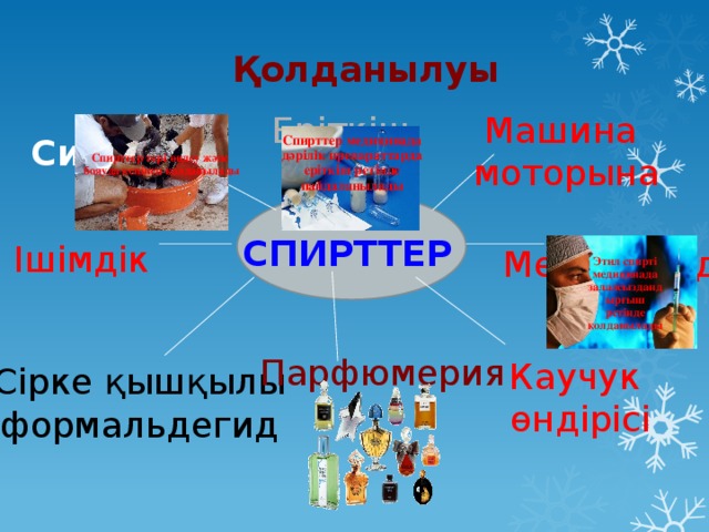  Қолданылуы Еріткіш Машина моторына Синтез Спирттер медицинада дәрілік препараттарда еріткіш ретінде пайдаланылады Спирттер тері өңдеу және бояуда кеңінен қолданылады СПИРТТЕР Ішімдік Медицинада Этил спирті медицинада залалсыздандырғыш ретінде қолданылады Парфюмерия Каучук өндірісі Сірке қышқылы формальдегид 