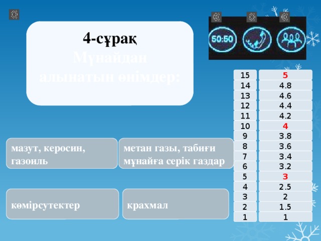 4-сұрақ Мүнайдан алынатын өнімдер: 15 5 14 4.8 4.6 13 4.4 12 11 4.2 4 10 9 3.8 мазут, керосин, газоиль метан газы, табиғи мұнайға серік газдар 8 3.6 7 3.4 6 3.2 3 5 2.5 4 көмірсутектер крахмал   2 3 1.5 2 1 1 