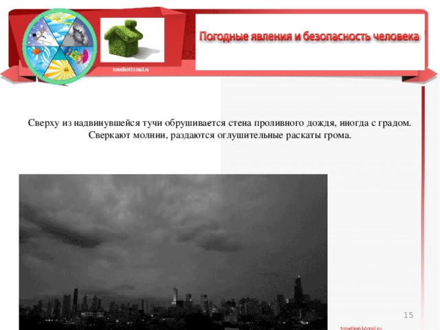 Сверху из надвинувшейся тучи обрушива­ется стена проливного дождя, иногда с градом. Сверкают молнии, раздаются оглушительные раскаты грома.    