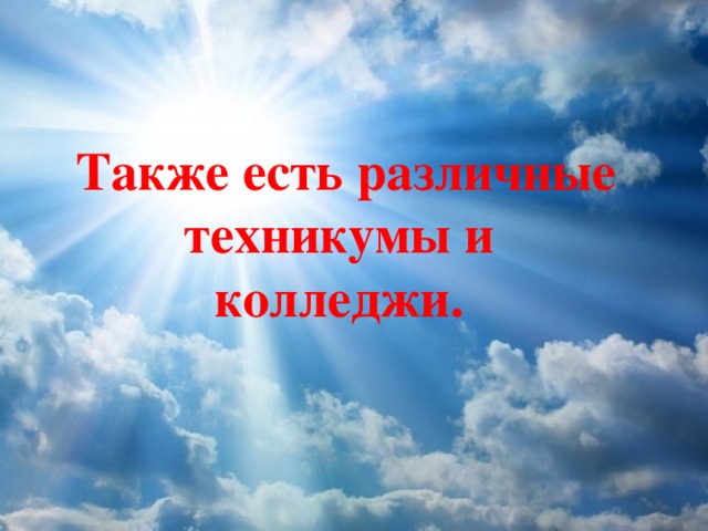 Также есть различные техникумы и колледжи. 