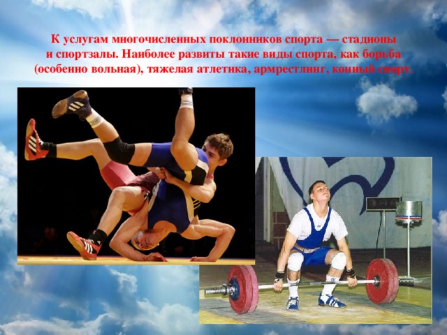 К услугам многочисленных поклонников спорта — стадионы и спортзалы. Наиболее развиты такие виды спорта, как борьба (особенно вольная), тяжелая атлетика, армрестлинг, конный спорт. 