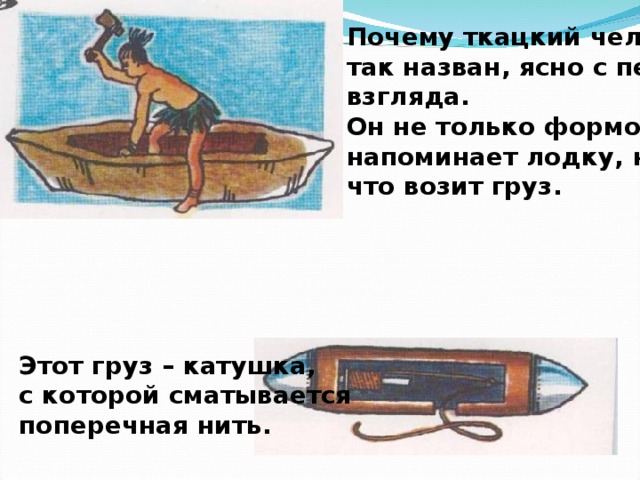 Почему ткацкий челнок так назван, ясно с первого взгляда. Он не только формой напоминает лодку, но и тем, что возит груз. Этот груз – катушка, с которой сматывается поперечная нить. 