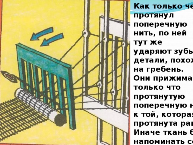 Как только челнок протянул поперечную нить, по ней тут же ударяют зубья детали, похожей на гребень. Они прижимают только что протянутую поперечную нить к той, которая протянута раньше. Иначе ткань будет напоминать сеть. 
