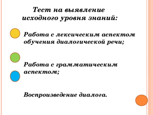 Тест на выявление исходного уровня знаний: Работа с лексическим аспектом обучения диалогической речи;  Работа с грамматическим аспектом;  Воспроизведение диалога. 