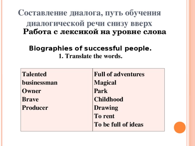 Составление диалога, путь обучения диалогической речи снизу вверх   Работа с лексикой на уровне слова Biographies of successful people. 1. Translate the words.  Talented businessman Owner Brave Producer Full of adventures Magical Park Childhood Drawing To rent To be full of ideas 