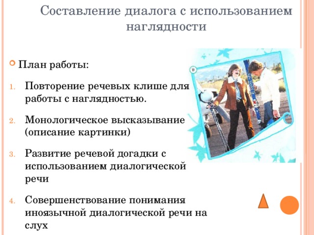 Составление диалога с использованием наглядности План работы: Повторение речевых клише для работы с наглядностью. Монологическое высказывание (описание картинки) Развитие речевой догадки с использованием диалогической речи Совершенствование понимания иноязычной диалогической речи на слух 