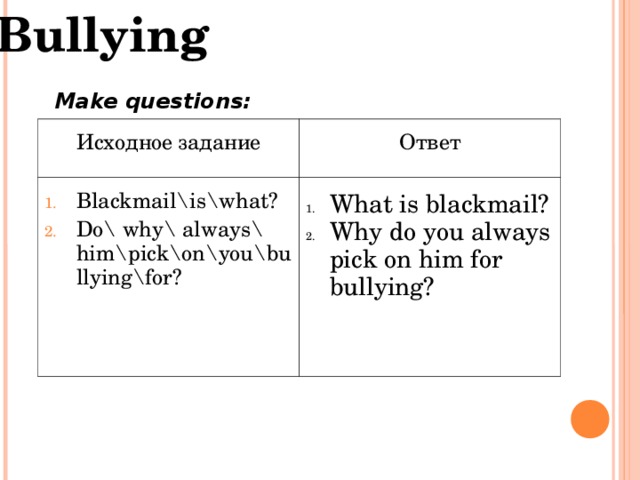 Bullying Make questions: Исходное задание Ответ Blackmail\is\what? Do\ why\ always\ him\pick\on\you\bullying\for? What is blackmail? Why do you always pick on him for bullying? 