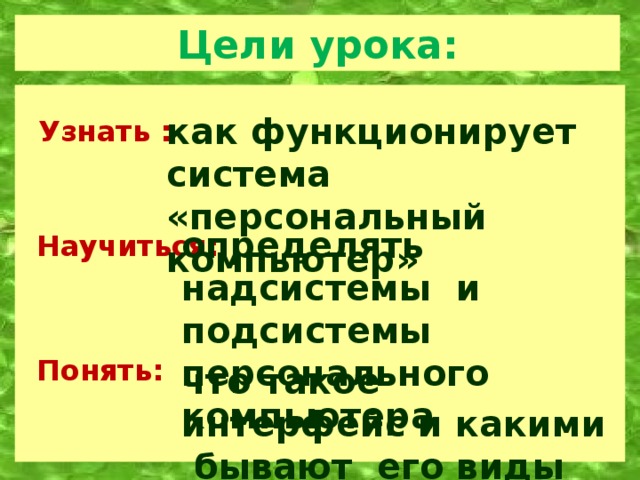 Цели урока:  как функционирует система «персональный компьютер» Узнать :   Научиться:   Понять: определять надсистемы и подсистемы персонального компьютера что такое интерфейс и какими бывают его виды