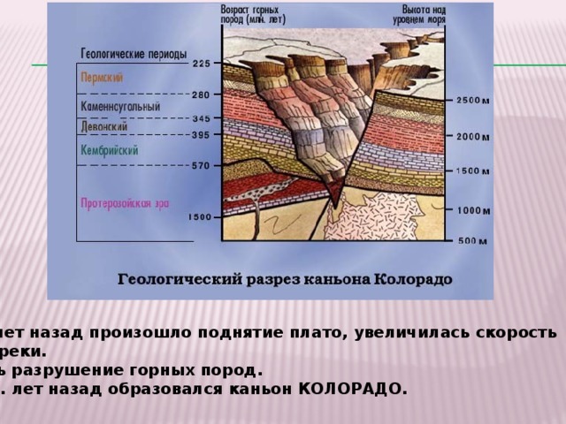65 млн. лет назад произошло поднятие плато, увеличилась скорость течения реки. Началось разрушение горных пород. 5 – 6 млн. лет назад образовался каньон КОЛОРАДО. 