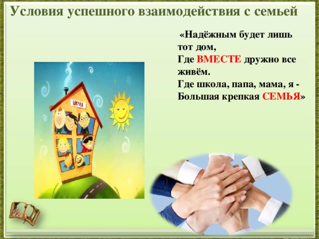Условия успешного взаимодействия с семьей  «Надёжным будет лишь тот дом,  Где ВМЕСТЕ дружно все живём.  Где школа, папа, мама, я -  Большая крепкая СЕМЬЯ » 