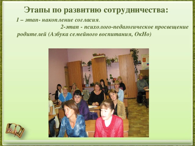   Этапы по развитию сотрудничества:    1 – этап- накопление согласия .   2-этап  - психолого-педагогическое просвещение родителей (Азбука семейного воспитания, ОкНо)  