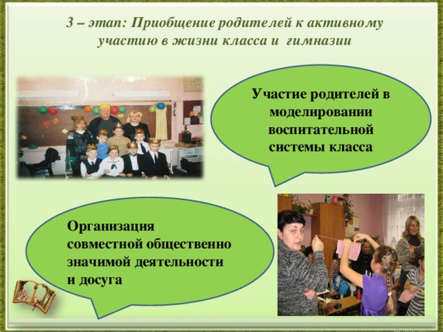 3 – этап: Приобщение родителей к активному участию в жизни класса и гимназии Участие родителей в моделировании воспитательной системы класса Организация совместной общественно значимой деятельности и досуга 