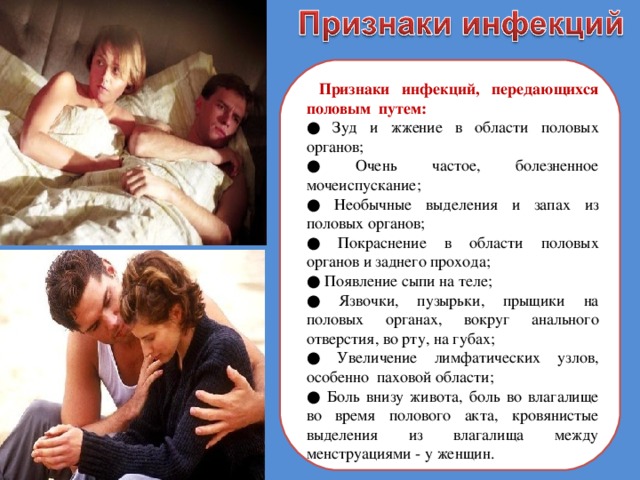  Признаки инфекций, передающихся половым путем: ● Зуд и жжение в области половых органов; ● Очень частое, болезненное мочеиспускание; ● Необычные выделения и запах из половых органов; ● Покраснение в области половых органов и заднего прохода; ● Появление сыпи на теле; ● Язвочки, пузырьки, прыщики на половых органах, вокруг анального отверстия, во рту, на губах; ● Увеличение лимфатических узлов, особенно паховой области; ● Боль внизу живота, боль во влагалище во время полового акта, кровянистые выделения из влагалища между менструациями - у женщин. 
